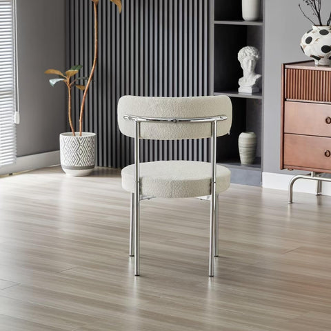 Dining Chairs Set of 2, Modern Dining Chairs Mid-Century, Round Kitchen Chairs, Boucle Dining Chair with Metal Legs, Kitchen Dining Room (Cream White/Chrome, Set of 2)