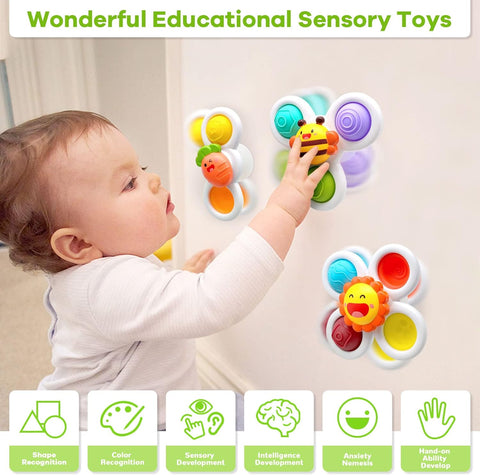 Suction Cup Spinner Toys for Toddlers 1-3 - 3-Piece Sensory Learning Set with Vibrant Spinning Tops - Fun Bath, Highchair & Table Activities for Babies - Developmental Fine Motor Skills Toys