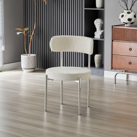 Dining Chairs Set of 2, Modern Dining Chairs Mid-Century, Round Kitchen Chairs, Boucle Dining Chair with Metal Legs, Kitchen Dining Room (Cream White/Chrome, Set of 2)