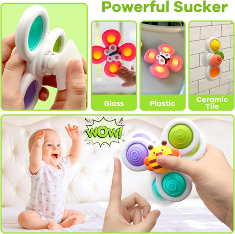 Suction Cup Spinner Toys for Toddlers 1-3 - 3-Piece Sensory Learning Set with Vibrant Spinning Tops - Fun Bath, Highchair & Table Activities for Babies - Developmental Fine Motor Skills Toys