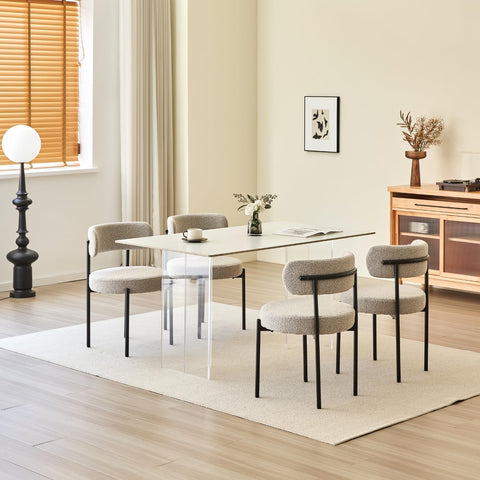 Dining Chairs Set of 2, Modern Dining Chairs Mid-Century, Round Kitchen Chairs, Boucle Dining Chair with Black Metal Legs, Kitchen Dining Room