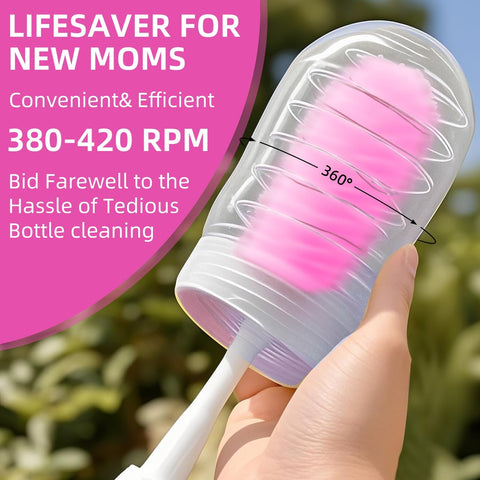 Electric Baby Bottle Brush Set with 360° Rotation – 2-Speed Rechargeable Cleaner with Silicone Brush, Pacifier & Straw Cleaner, Mixing Head & Drying Rack – Purple