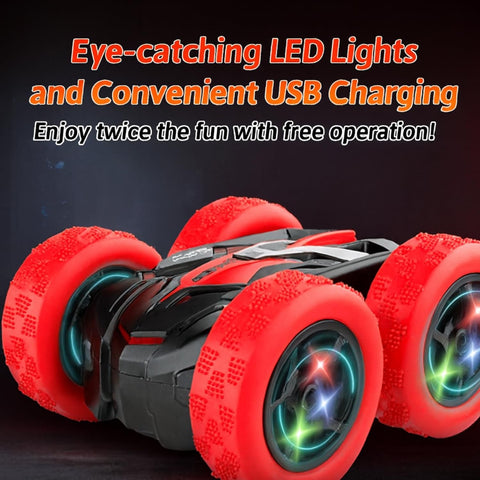 4WD Double-Sided RC Stunt Car with LED Lights, Dual Rechargeable Batteries & 9 Stunt Modes – Ages 6+, Red