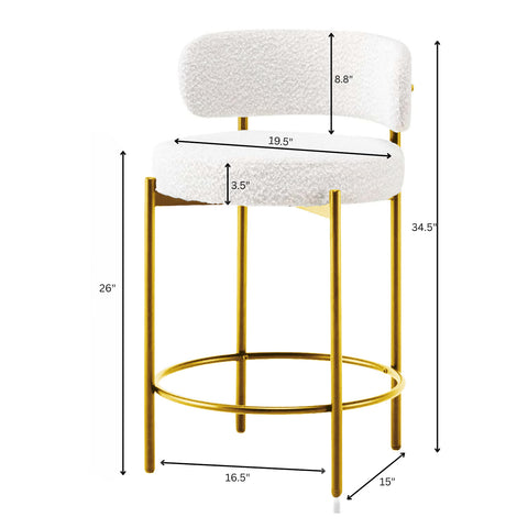 Counter Bar Stools Set of 2, Modern Bar Stools, Round Kitchen Counter Stool, Boucle Stool with Black Metal Legs, Footrest Stool (Cream White/Gold Legs)-Set of 2