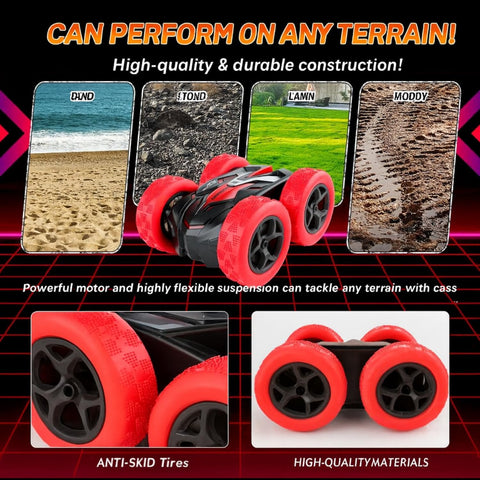 4WD Double-Sided RC Stunt Car with LED Lights, Dual Rechargeable Batteries & 9 Stunt Modes – Ages 6+, Red