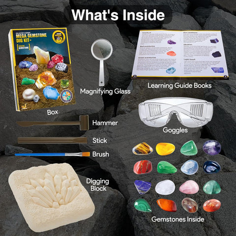 Mega Gemstone Dig Kit – Excavate 15 Real Gemstones & Crystals – Fun Educational STEM Toy for Kids Ages 3+ – Includes Dig Tools, Magnifying Glass & Learning Guide