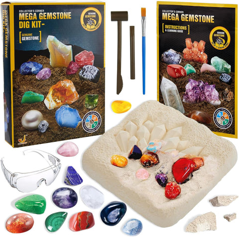 Mega Gemstone Dig Kit – Excavate 15 Real Gemstones & Crystals – Fun Educational STEM Toy for Kids Ages 3+ – Includes Dig Tools, Magnifying Glass & Learning Guide