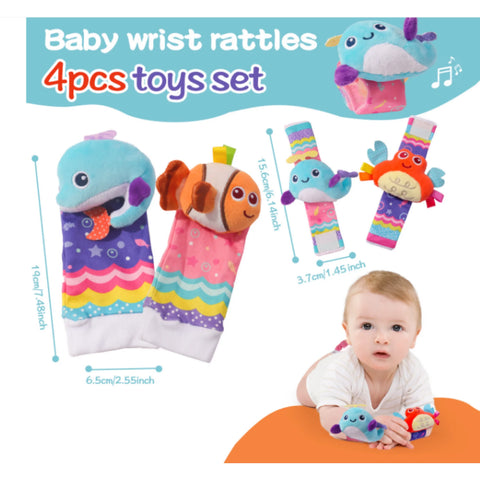 Baby Sensory Toys - 4-Piece Hand & Foot Finder Set with Socks for Newborns 0-6 Months, Infant Gift