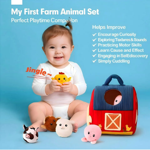 7-Piece Soft Farm Animal Playset with Plush Barn for Babies 6 Months+