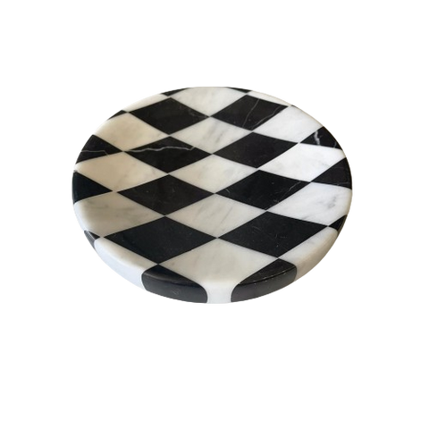 Black & White Checkered Round Marble Tray