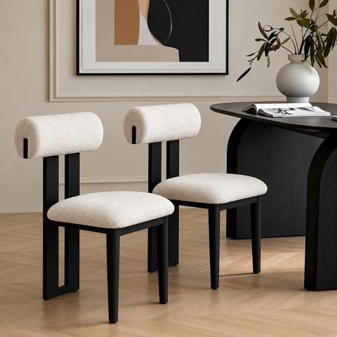 Modern Elegance White Bouclé Fabric & Black Wooden Leg Dining Chairs (Set of 2)