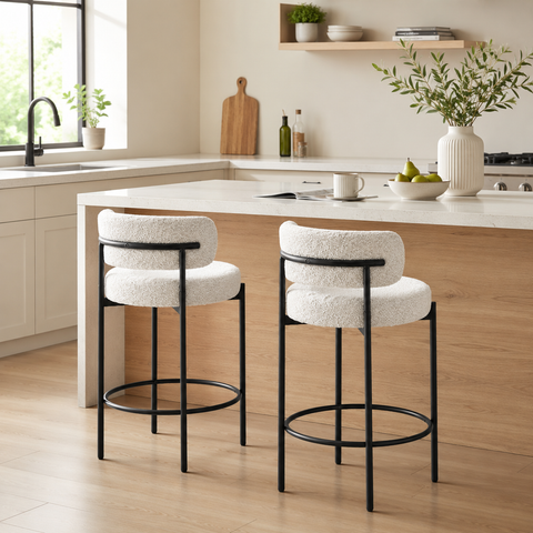 Boucle Upholstered 26" Counter Bar Stool With Black Metal Legs (Set Of 2)