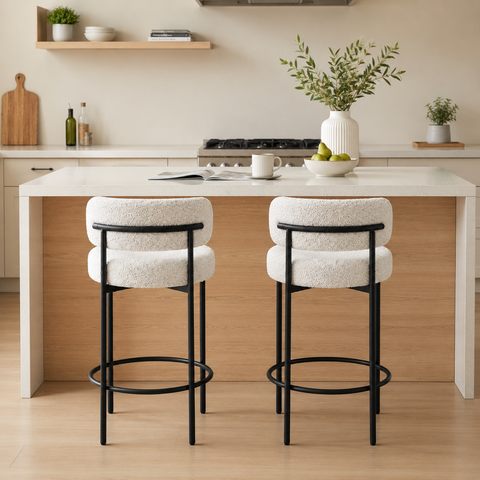 Boucle Upholstered 26" Counter Bar Stool With Black Metal Legs (Set Of 2)