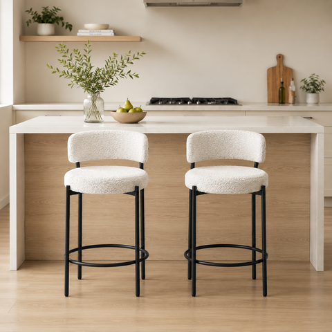 Boucle Upholstered 26" Counter Bar Stool With Black Metal Legs (Set Of 2)