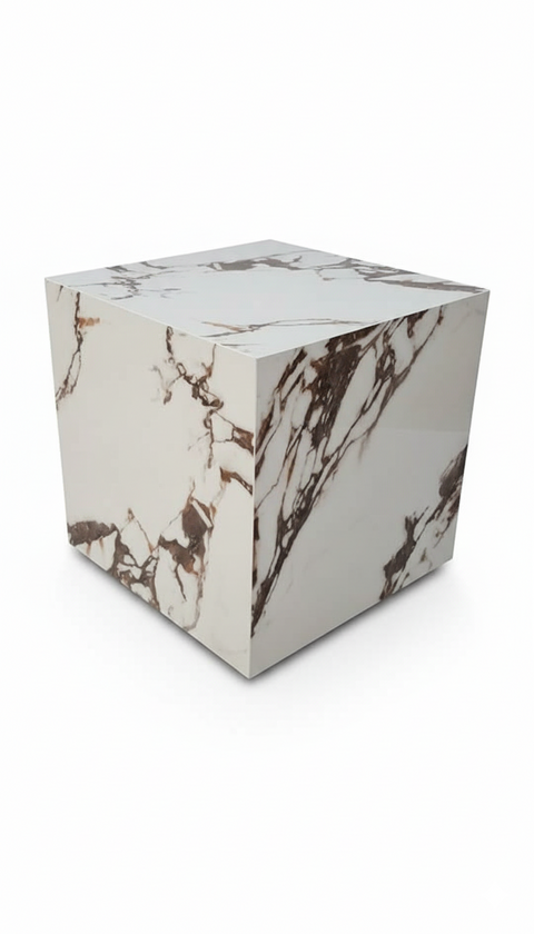 Modern Faux Marble End Table - Natural Veining Accent, Nightstand or Living Room Side Table