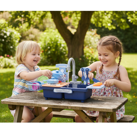 My First Sink: Kids Electric Pretend Play Kitchen Sink with Real Running Water, Pump, & Toy Dishes for Toddlers-Navy Blue