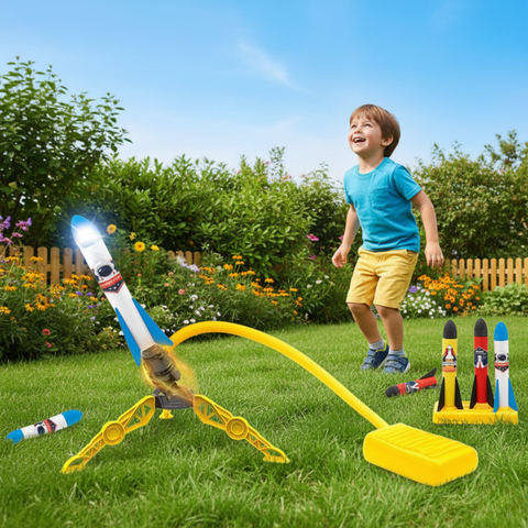 Kids Rocket Launcher Toy with 4 Foam Rockets - Outdoor Toy Blaster for Backyard Games - Adjustable Launch Stand for High Flying Fun - Gift for Boys & Girls