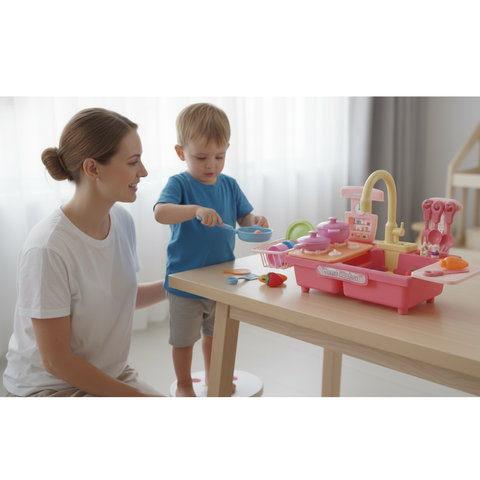 My First Sink: Kids Electric Pretend Play Kitchen Sink with Real Running Water, Pump, & Toy Dishes for Toddlers(Pink)