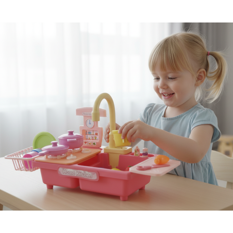 My First Sink: Kids Electric Pretend Play Kitchen Sink with Real Running Water, Pump, & Toy Dishes for Toddlers(Pink)