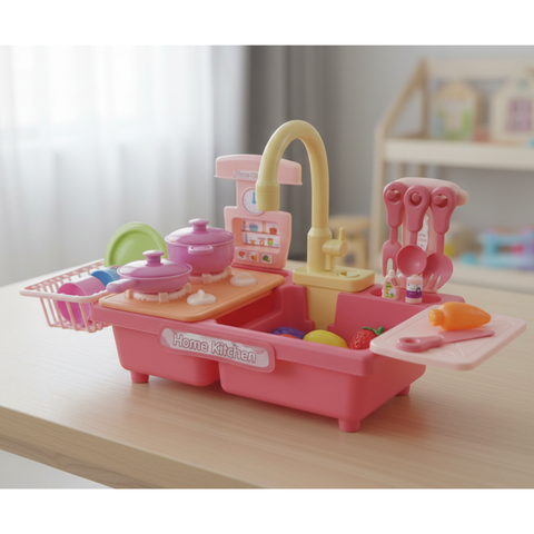 My First Sink: Kids Electric Pretend Play Kitchen Sink with Real Running Water, Pump, & Toy Dishes for Toddlers(Pink)