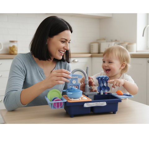 My First Sink: Kids Electric Pretend Play Kitchen Sink with Real Running Water, Pump, & Toy Dishes for Toddlers-Navy Blue