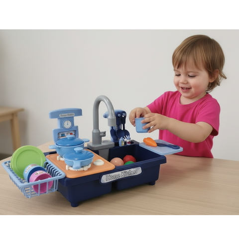 My First Sink: Kids Electric Pretend Play Kitchen Sink with Real Running Water, Pump, & Toy Dishes for Toddlers-Navy Blue