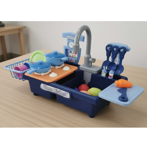 My First Sink: Kids Electric Pretend Play Kitchen Sink with Real Running Water, Pump, & Toy Dishes for Toddlers-Navy Blue