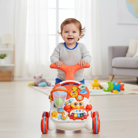 2-in-1 Baby Walker & Activity Center –Musical Learning Walker for Infants & Toddlers–Sit-to-Stand Push Toy with Lights, Sounds & Early Development Toys –Orange Gift for Girls & Boys