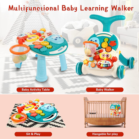 2-in-1 Baby Walker & Activity Center –Musical Learning Walker for Infants & Toddlers–Sit-to-Stand Push Toy with Lights, Sounds & Early Development Toys –Aqua Blue Gift for Girls & Boys