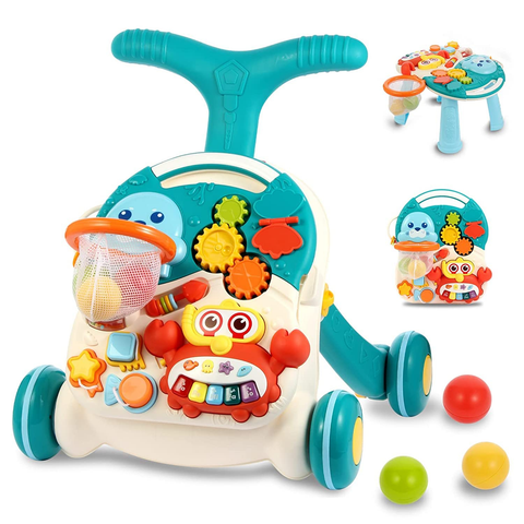 2-in-1 Baby Walker & Activity Center –Musical Learning Walker for Infants & Toddlers–Sit-to-Stand Push Toy with Lights, Sounds & Early Development Toys –Aqua Blue Gift for Girls & Boys