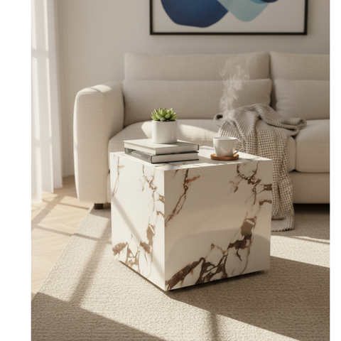 Modern Faux Marble End Table - Natural Veining Accent, Nightstand or Living Room Side Table