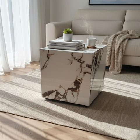Modern Faux Marble End Table - Natural Veining Accent, Nightstand or Living Room Side Table
