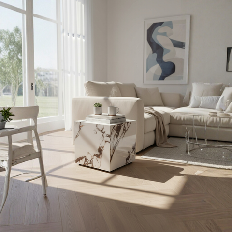 Modern Faux Marble End Table - Natural Veining Accent, Nightstand or Living Room Side Table