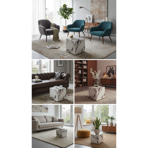 Modern Faux Marble End Table - Natural Veining Accent, Nightstand or Living Room Side Table