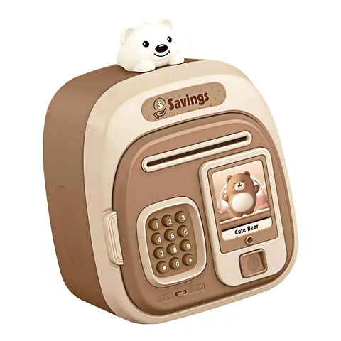 Kids Electronic Password Piggy Bank with Coin & Bill Slot, Brown Bear Design
