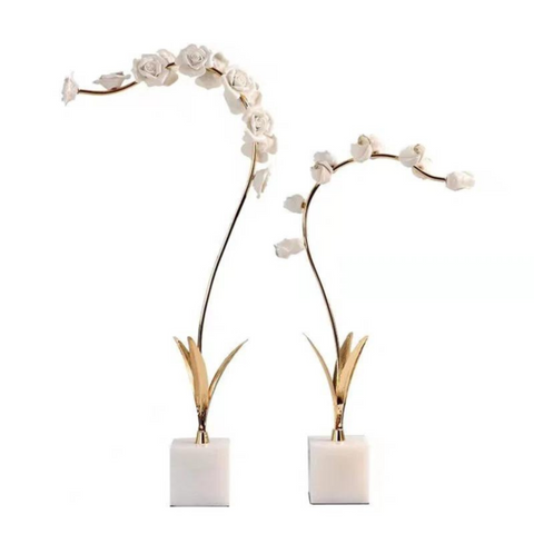 White Rose Stem Sculpture (Set of 2)